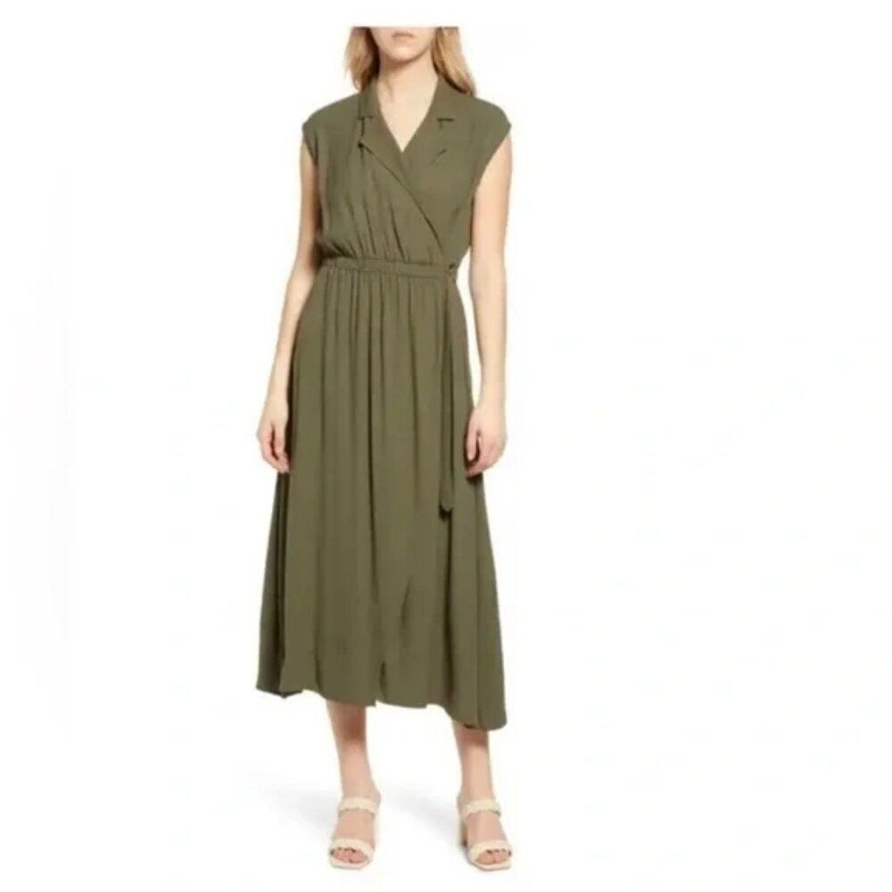 NWT Nordstrom Halogen Asymmetrical Olive Green Cap Sleeve Wrap Shirt Dress XL